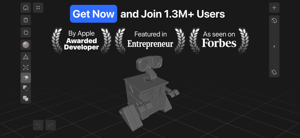 3D Modeling, Design: Shapeyard - Shapeyard 3D modeling app interface featuring a robot model and industry awards.