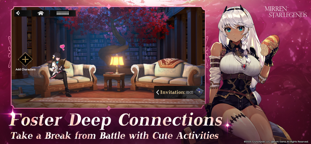 Mirren: Star Legends - Ein Anime-Charakter hält Brot neben einer Bibliotheks-Lounge-Szene in Mirren Star Legends.