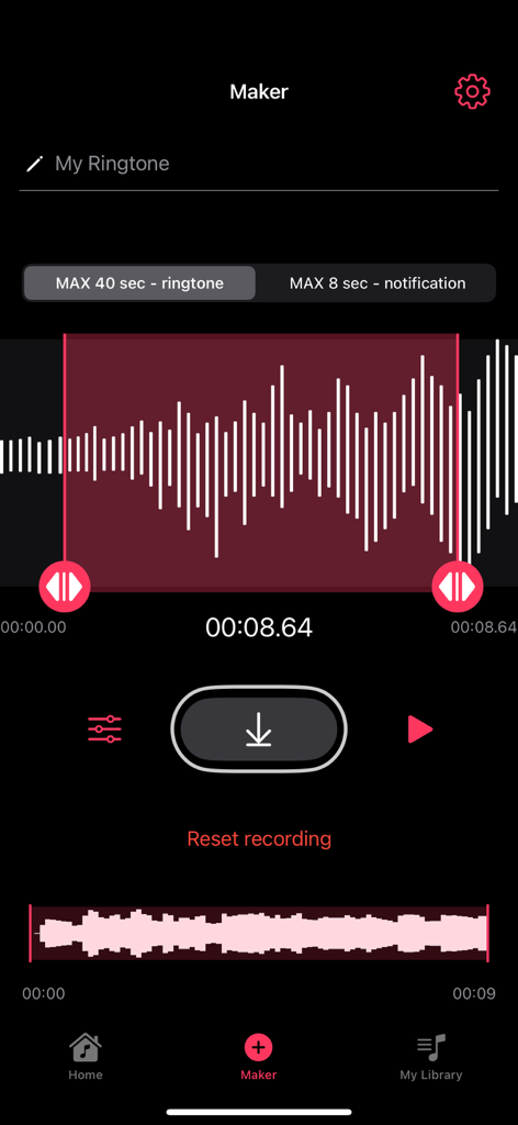 RINGTONE MAKER #1 for iPhone - Interfaz de la aplicación Ringtone Maker mostrando la edición de formas de onda de audio y marcadores de recorte en un iPhone.