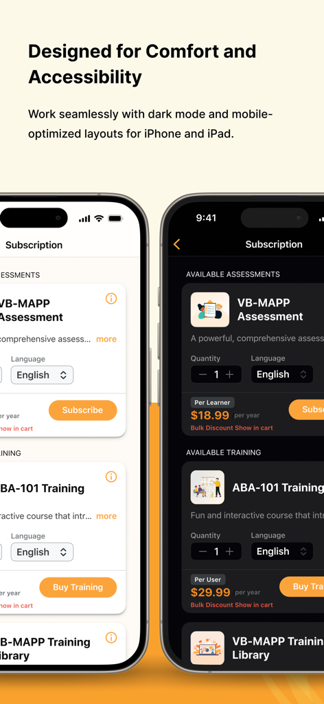 VBMAPP - VBMAPP app interface showing dark and light mode options for assessments and training
