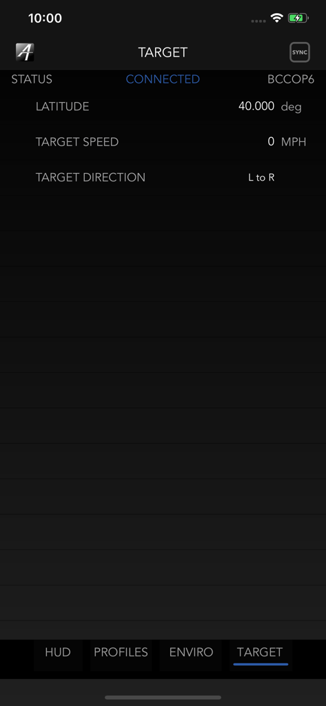 Target data configuration screen on the Applied Ballistics Connect mobile app showing latitude and speed settings