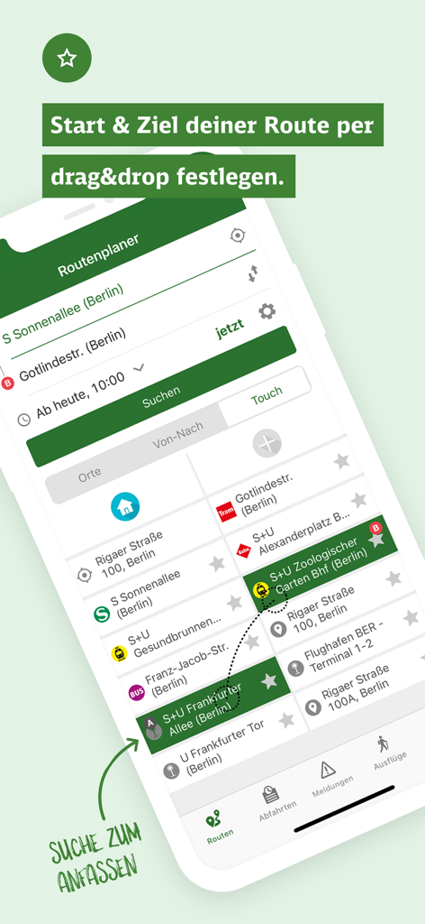 S-Bahn Berlin app route planner interface featuring drag and drop route selection