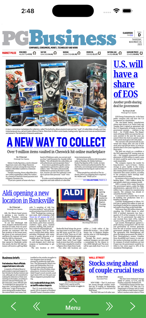 PGe - PGe app digital newspaper interface showing the business section with local and national headlines