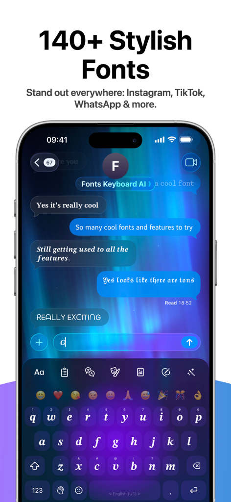 iPhone screen displaying various stylish fonts in a chat app conversation with a custom purple keyboard