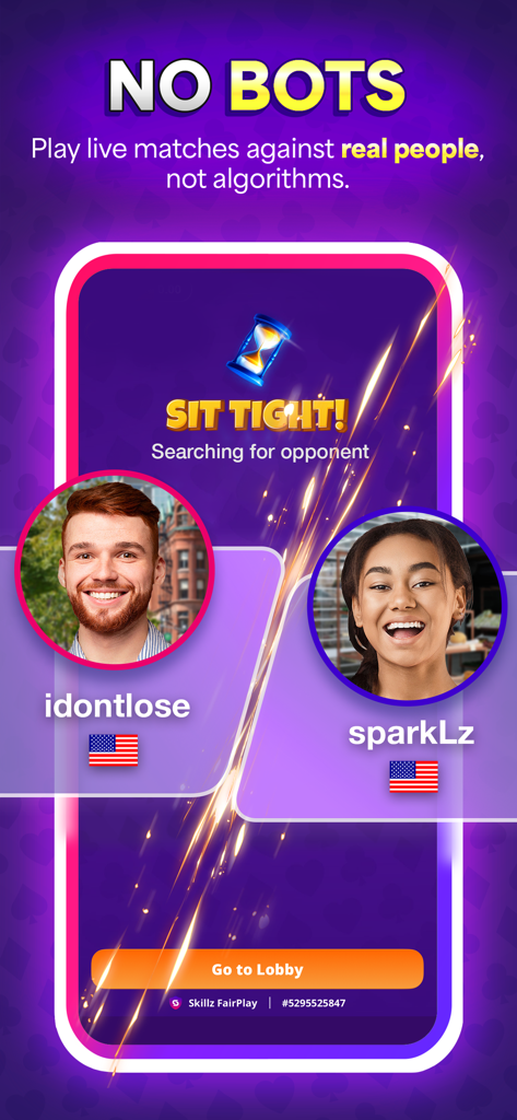 Solitaire Skillz - Win Cash - Tela de matchmaking do aplicativo Solitaire Skillz mostrando competição ao vivo contra jogadores reais sem bots.