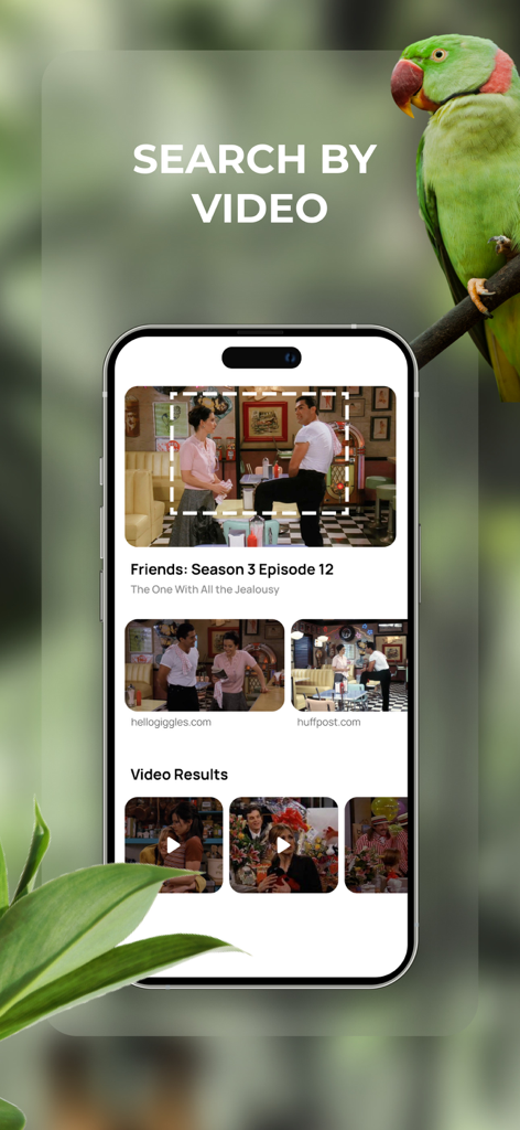 A smartphone displaying the video search feature of the Lens app identifying a scene from the TV show Friends.
