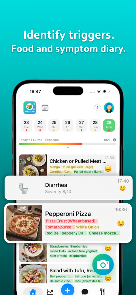 FODMAPai app interface showing a food and symptom diary with meal logs and IBS trigger tracking