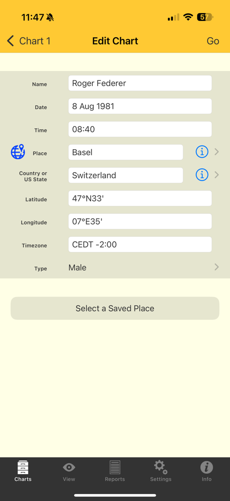 Astro Gold - Astro Gold app screen for editing a natal chart with precise birth data entry