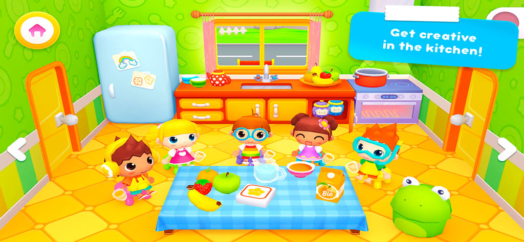 Happy Daycare Stories - Cinco adorables personajes interactuando en una colorida cocina de juguete con comida y bebida