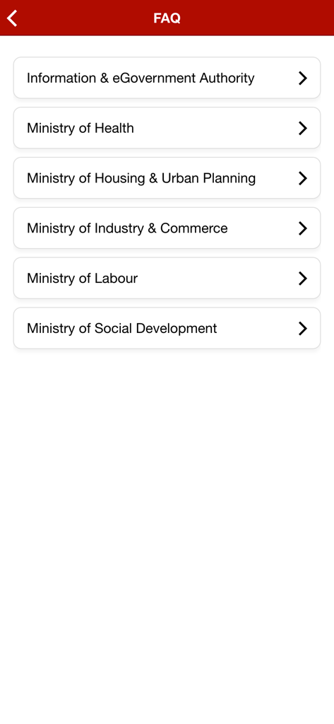 Pantalla de preguntas frecuentes en la aplicación Tawasul que enumera varios ministerios del gobierno de Bahréin para el soporte del usuario.