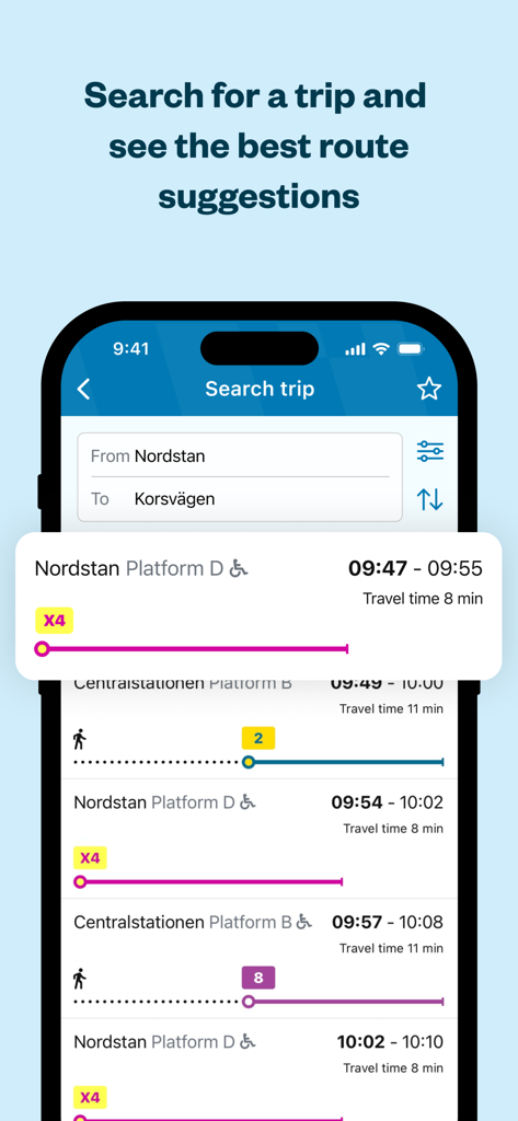 Interfaccia dell'app Vasttrafik To Go che mostra i risultati della ricerca di un viaggio con suggerimenti di percorsi e orari di viaggio