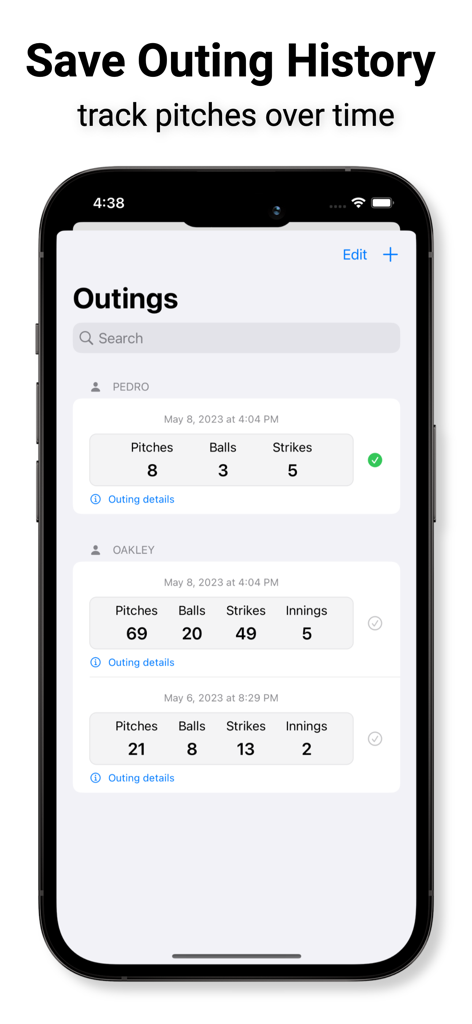 Mobile app interface displaying saved pitching outing history with stats for pitches balls and strikes