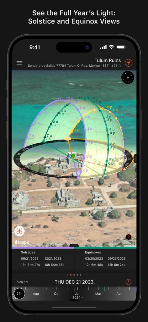 Sun Surveyor app interface showing sun path projections for solstices and equinoxes on a 3D aerial map.