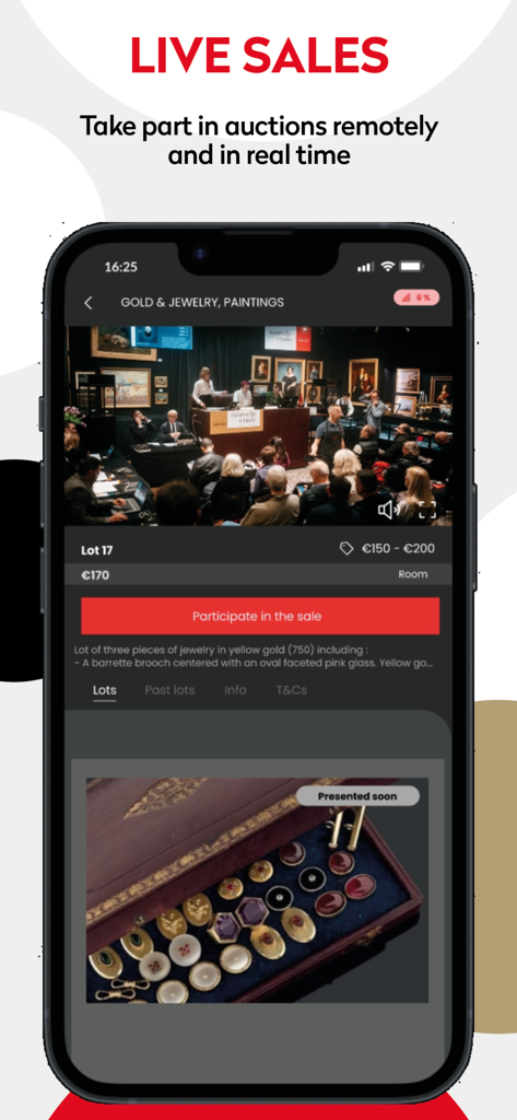 Drouot.com - Live Auctions - Mobile screen showing a live auction for jewelry and paintings on the Drouot app