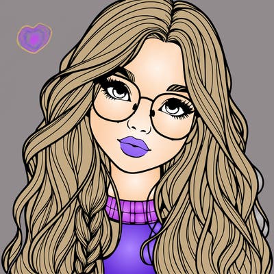 girl with long hair and freckles and glasses realistic