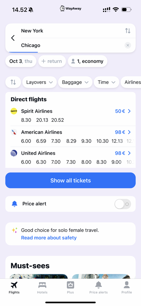 Cheap flights – WayAway - WayAway mobile app interface showing flight search results for New York to Chicago with airline prices and travel safety tips