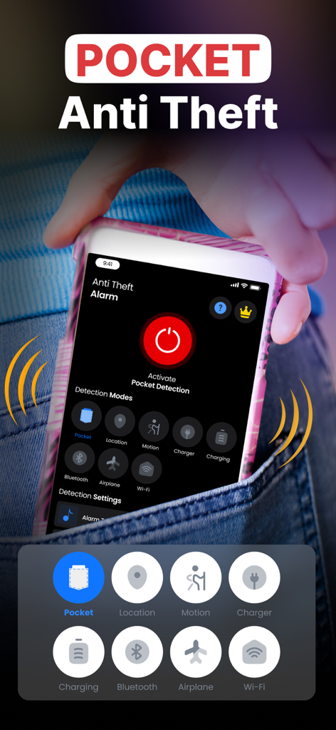 Anti Theft Phone Alarm - Mobile app interface showing pocket anti-theft detection mode being activated on an iPhone.