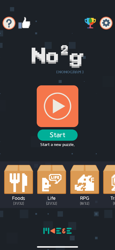 Menu principale dell'app puzzle No2g Nonogram con un pulsante di avvio e varie categorie di puzzle