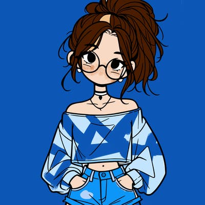 girl with a messy ponytail glasses a baggy crop top and jean shorts