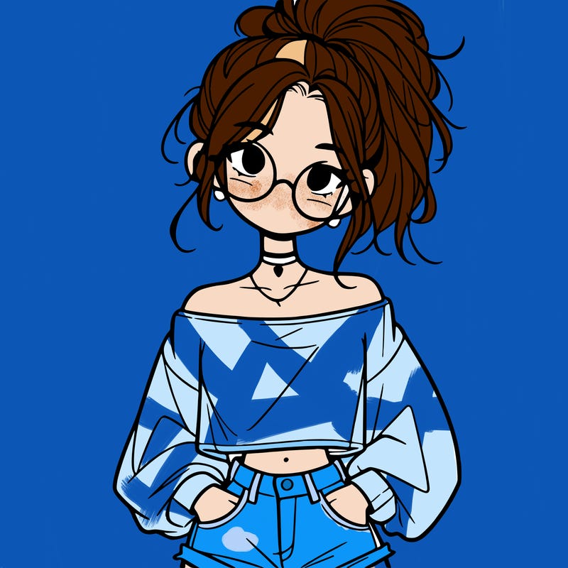 girl with a messy ponytail glasses a baggy crop top and jean shorts