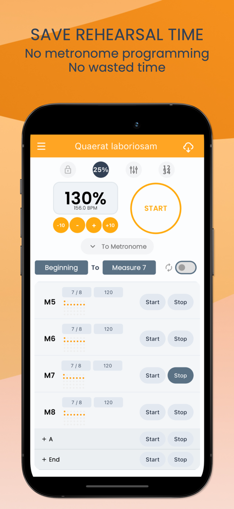 DropSpin Metronome - DropSpin Metronome app interface showing tempo controls and measure segments for music rehearsal