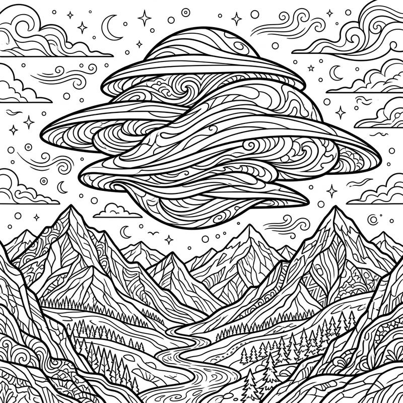 Immerse yourself in the captivating world of atmospheric phenomena with this intricate adult coloring page. Featuring stunning lenticular clouds hovering over a serene mountain landscape, it offers a unique blend of nature's wonder and artistic challenge.