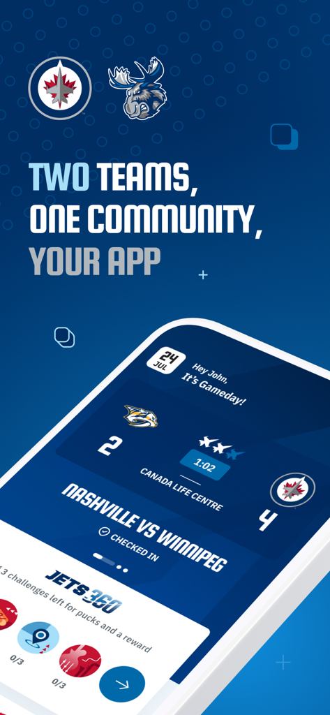 Die Benutzeroberfläche der offiziellen Winnipeg Jets App zeigt Spieltagsergebnisse und das Jets 360-Prämienprogramm an