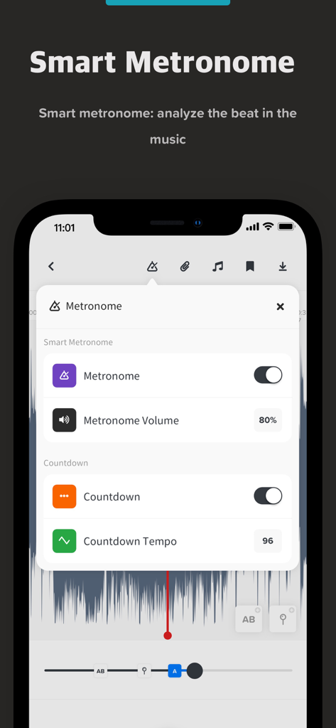 Audio Jam: AI for musicians - Interface of Audio Jam app showing smart metronome settings including volume and countdown tempo