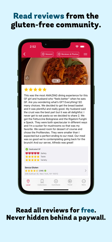 Find Me Gluten Free - Ein Screenshot der Find Me Gluten Free App, der eine detaillierte Restaurantbewertung mit Sternebewertungen und einem Essensfoto zeigt.