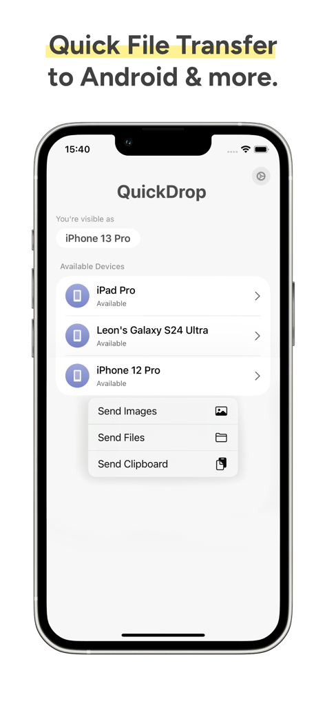 QuickDrop - Share from Android - Interfaz de la aplicación móvil QuickDrop que muestra los dispositivos disponibles para compartir y transferir archivos multiplataforma.
