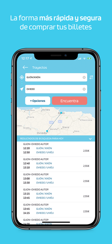 Interfaz de la app ALSA Regional mostrando un mapa de rutas de autobús y horario de viaje de Gijón a Oviedo