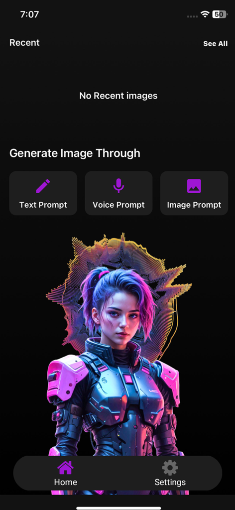 Speech To Image AI Generator - Tela inicial do aplicativo Gerador de IA de Voz para Imagem com opções para prompts de voz e texto e um personagem cyberpunk de exemplo.