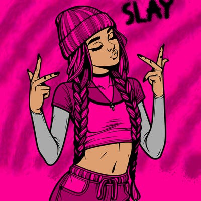 realistic teenage girl with braids and a beanie and crop top doing 🫶🏼