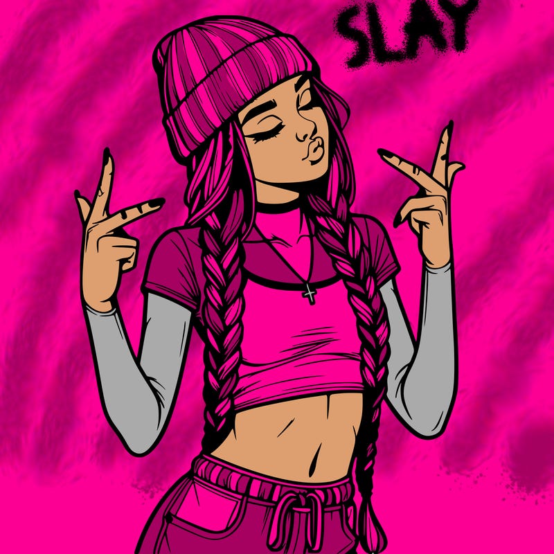 realistic teenage girl with braids and a beanie and crop top doing 🫶🏼