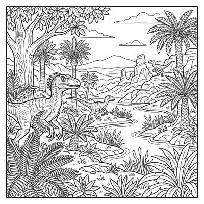Unleash your creativity with this captivating Velociraptor Habitat coloring page. Featuring two dynamic velociraptors amidst a lush prehistoric landscape, it's perfect for dinosaur enthusiasts of all ages.
