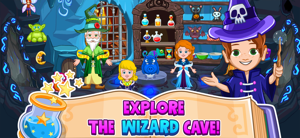 My Little Princess Wizard Game - Personajes explorando una cueva mágica de un mago en My Little Princess Wizard Game