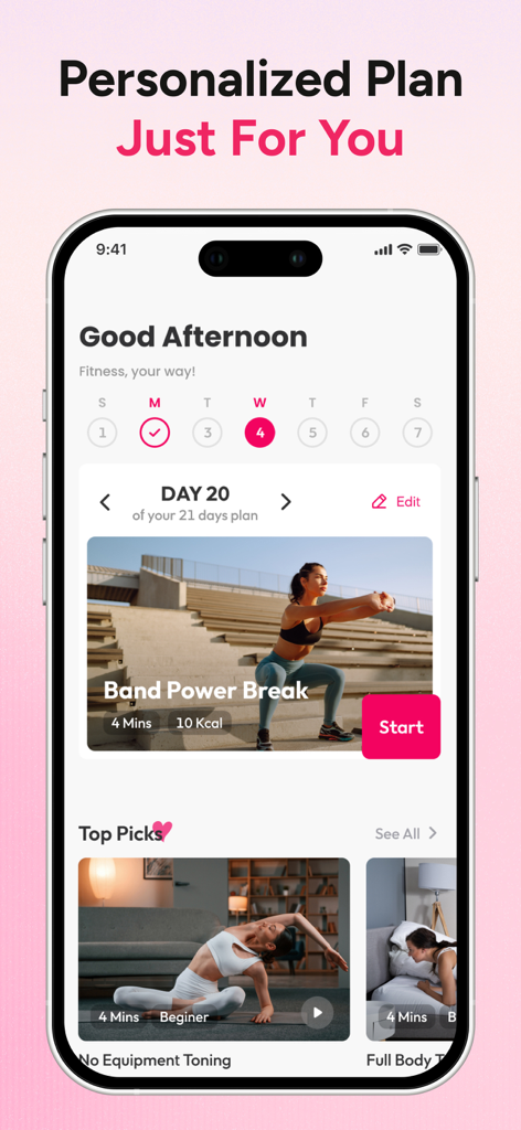 Smartphone screen showing the Workout for Women app interface with a personalized 21-day fitness plan and workout suggestions