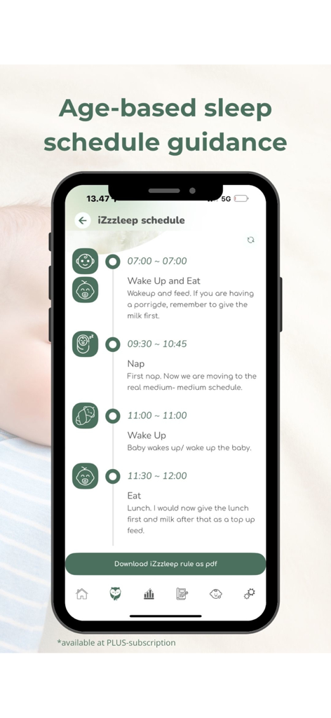 iZzzleep – Baby Sleep Coach - A mobile screen showing the iZzzleep app's daily schedule for a baby including wake up, eat, and nap times.