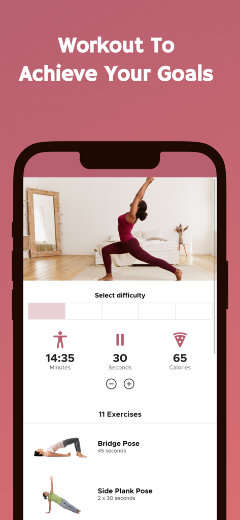 Yoga app screen showing a workout session with calorie tracking and exercises for weight loss