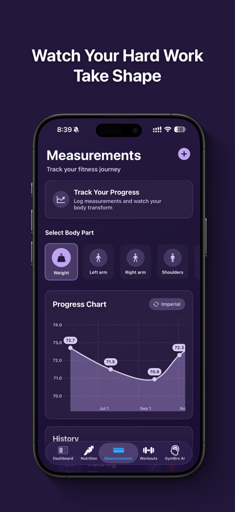 Interface do aplicativo GymBro mostrando um gráfico de progresso de peso corporal e ícones de seleção para rastrear diferentes partes do corpo.