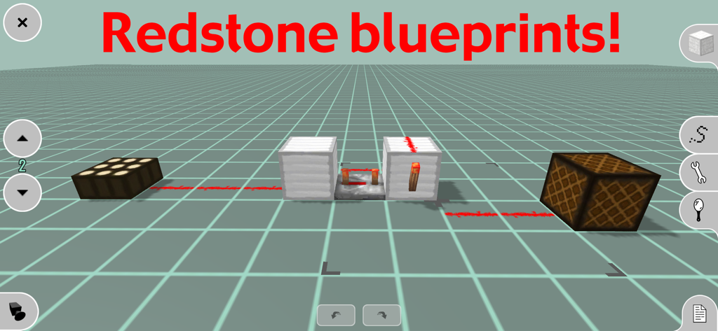 MC Constructor for Minecraft - Una interfaz de cuadrícula 3D que muestra un plano de circuito de redstone con bloques y antorchas en MC Constructor.