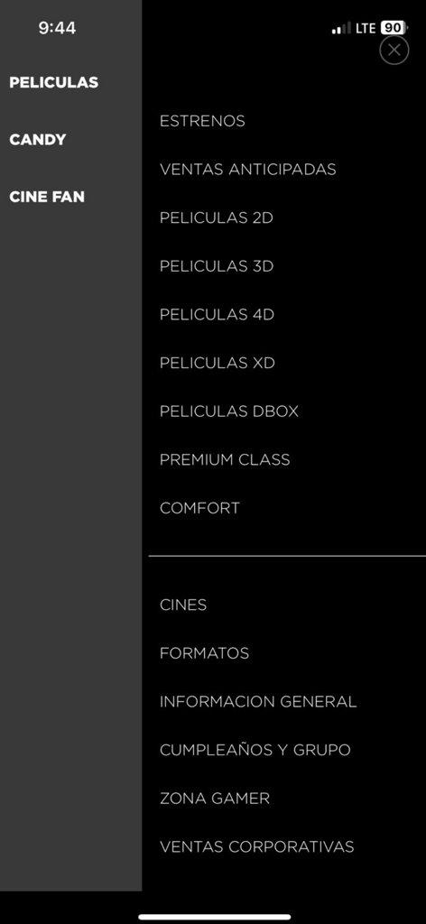 Side navigation menu of Cinemark Hoyts Argentina app displaying movie types and cinema services
