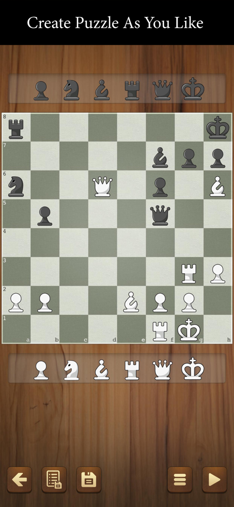 Une interface mobile pour créer des casse-têtes d'échecs personnalisés montrant un plateau de jeu et une sélection de pièces à placer.