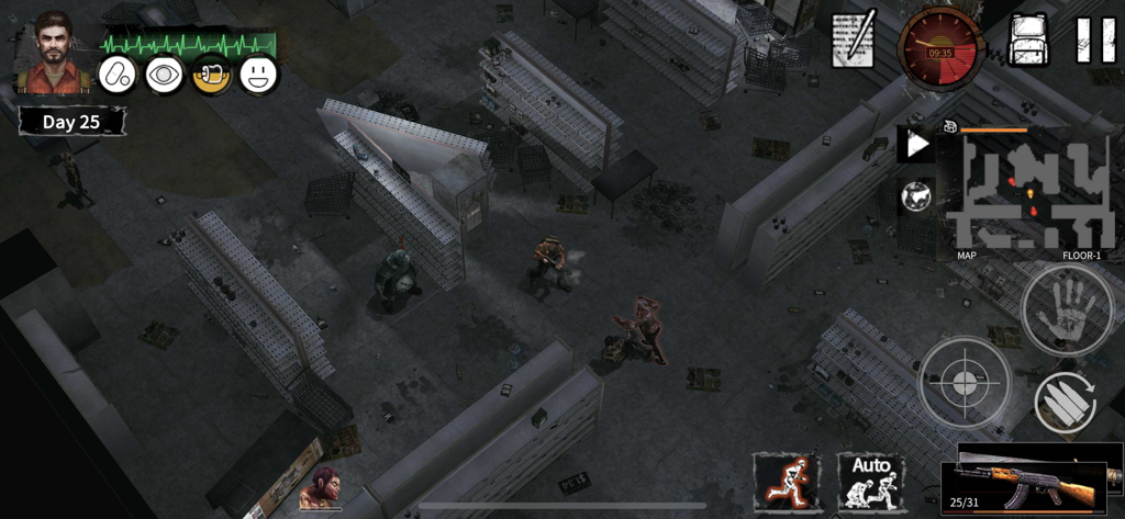 Delivery From the Pain:Survive - Top down view of a survivor character scavenging in an abandoned supermarket from the game Delivery From the Pain Survive