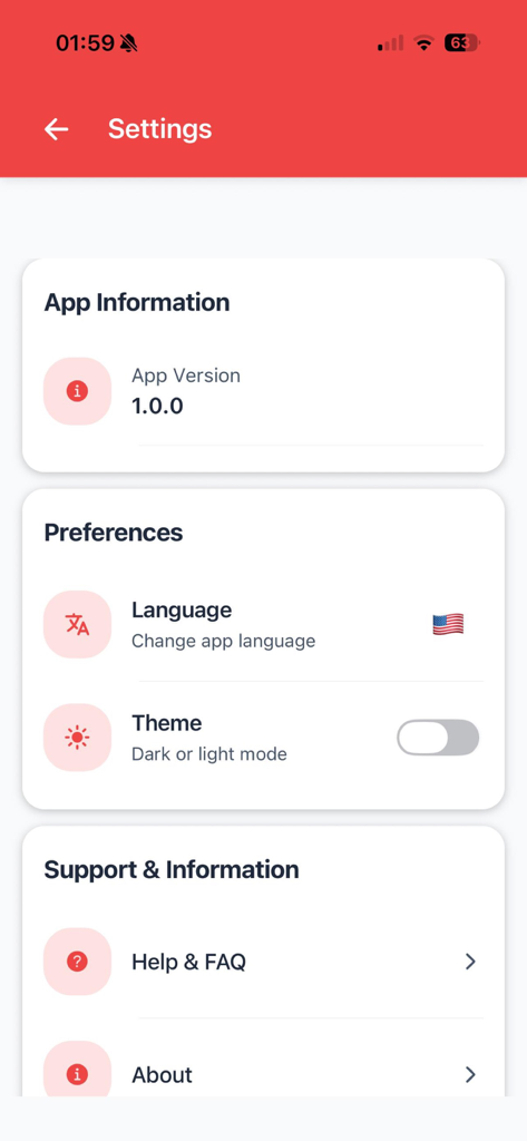Phone Temperature - Settings screen of the Phone Temperature app showing version information language preferences and theme selection options