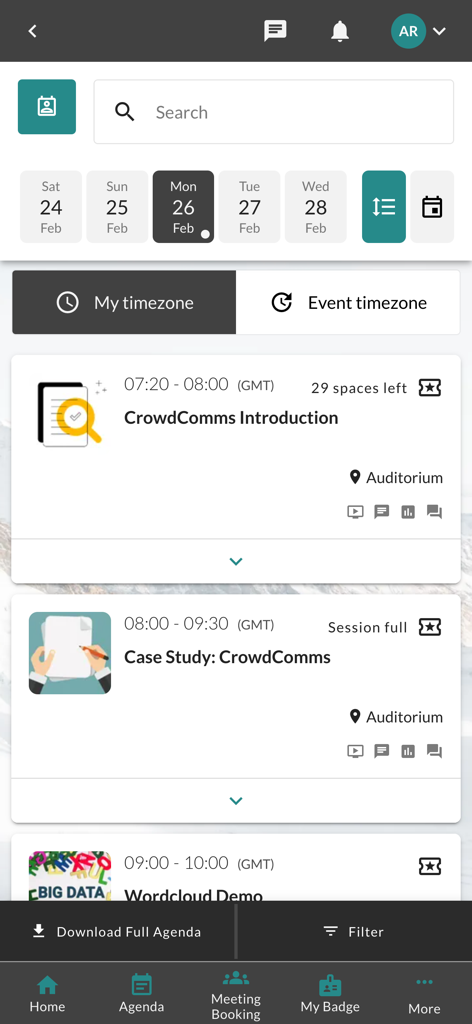 CrowdComms - CrowdComms app mobile interface displaying a conference agenda with session times locations and date selection