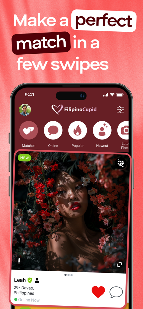 Mobile screen of FilipinoCupid app showing a dating profile of a woman from the Philippines with navigation icons for matches and online users.