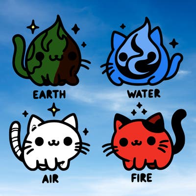 4 cats that represent the different elements, earth, water, air, and fire