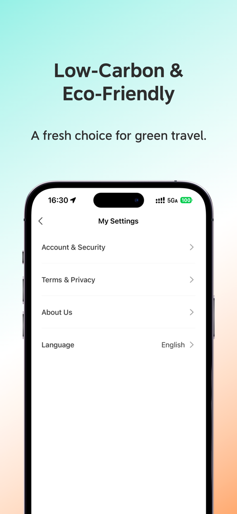 DiDi Bike - DiDi Bike app settings screen with a promotional message for low-carbon and eco-friendly travel.