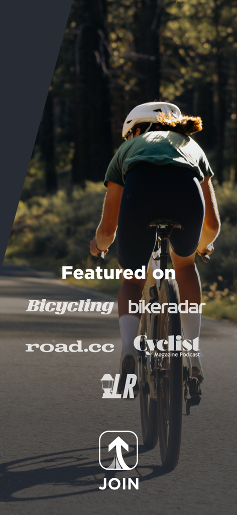 Cyclist riding through a forest with logos of major cycling publications featuring the JOIN app